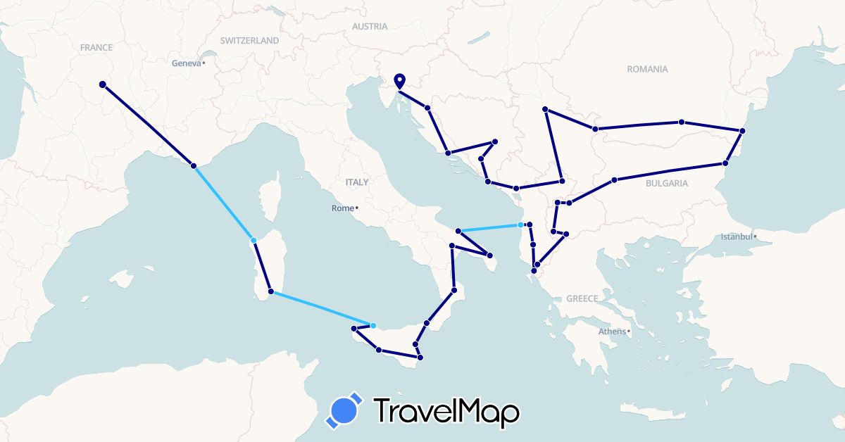 TravelMap itinerary: driving, boat in Albania, Bosnia and Herzegovina, Bulgaria, France, Croatia, Italy, Montenegro, Macedonia, Romania, Serbia, Kosovo (Europe)